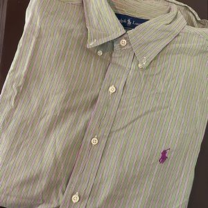 Ralph Lauren Men’s Green and Purple Classic Fit Striped Button Down Shirt